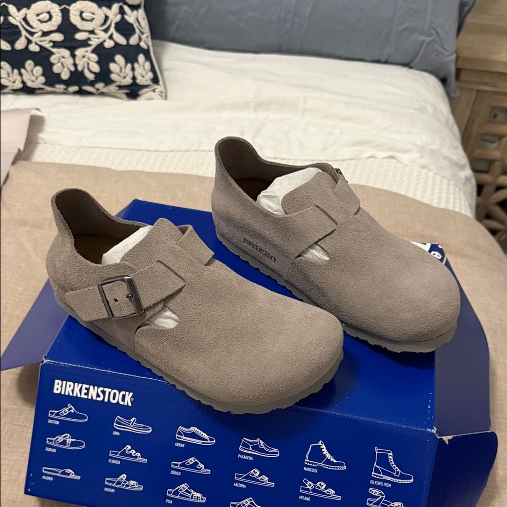 Birkenstock women’s London Suede Gray Suede Loafers size 37